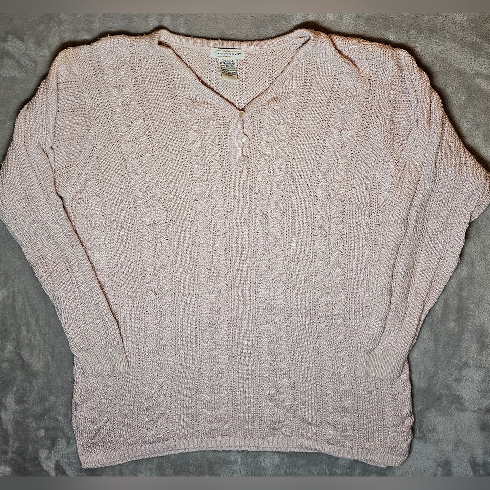 Yarnworks silk blend cable knit button front v neck‎ XL Pink
